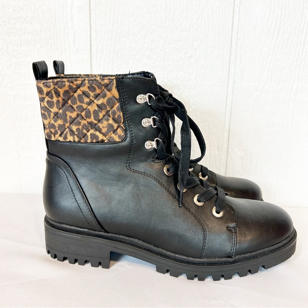 Nine West Wylie Black and Leopard Print Moto Combat Boots Size 10